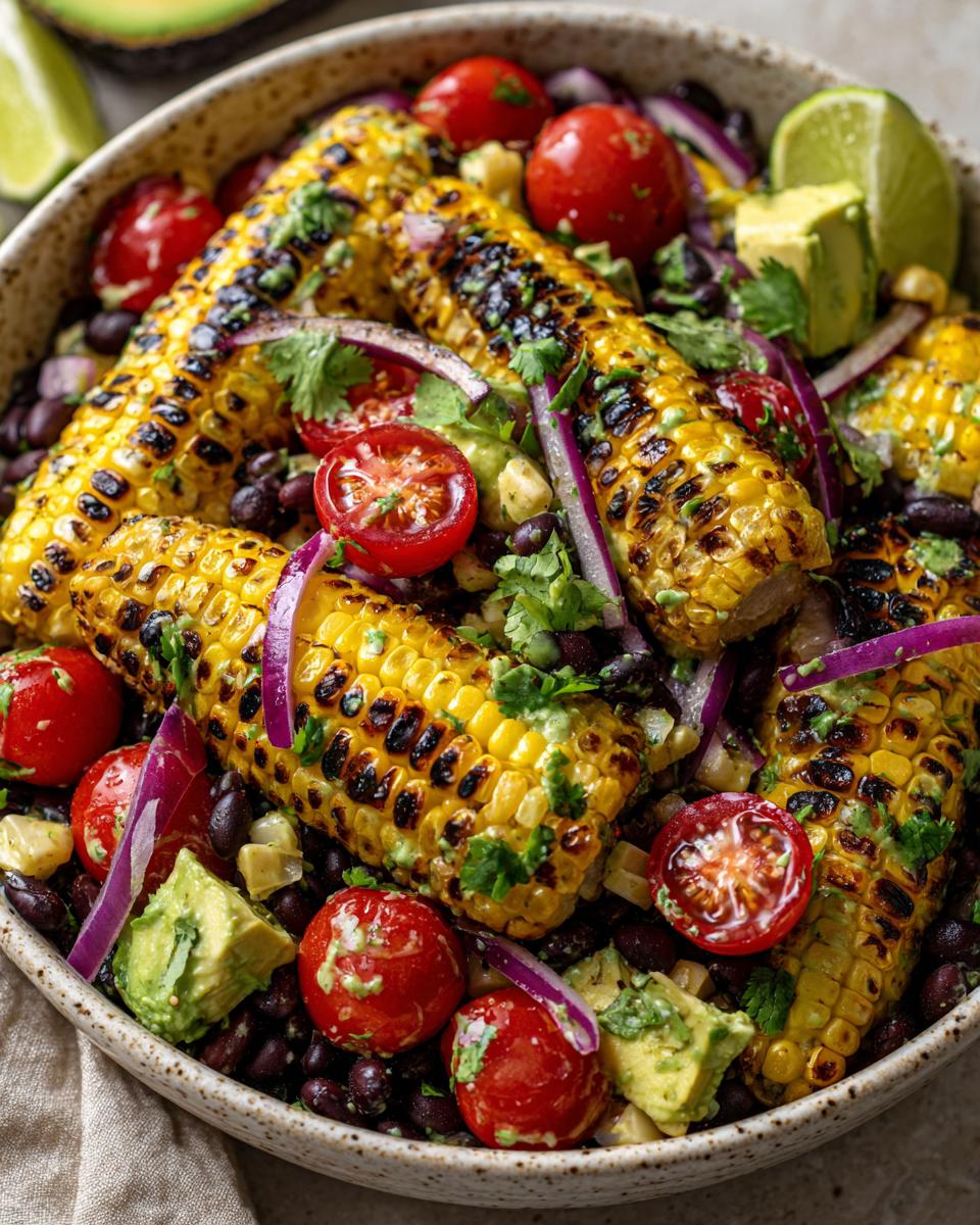 Close-up of a vibrant summer salad featuring grilled corn on the cob, black beans, cherry tomatoes, avocado, and red onion.