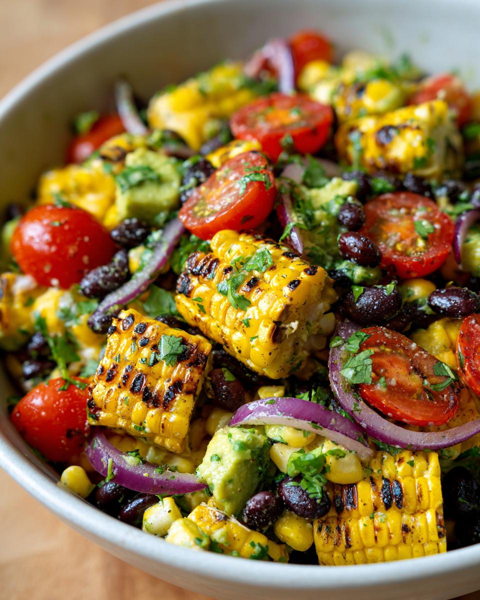 A vibrant Summer Salad featuring grilled corn, avocado, cherry tomatoes, black beans, and red onion.