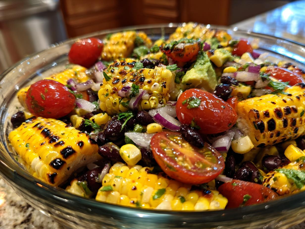 A vibrant summer salad featuring grilled corn, cherry tomatoes, black beans, avocado, and red onion.