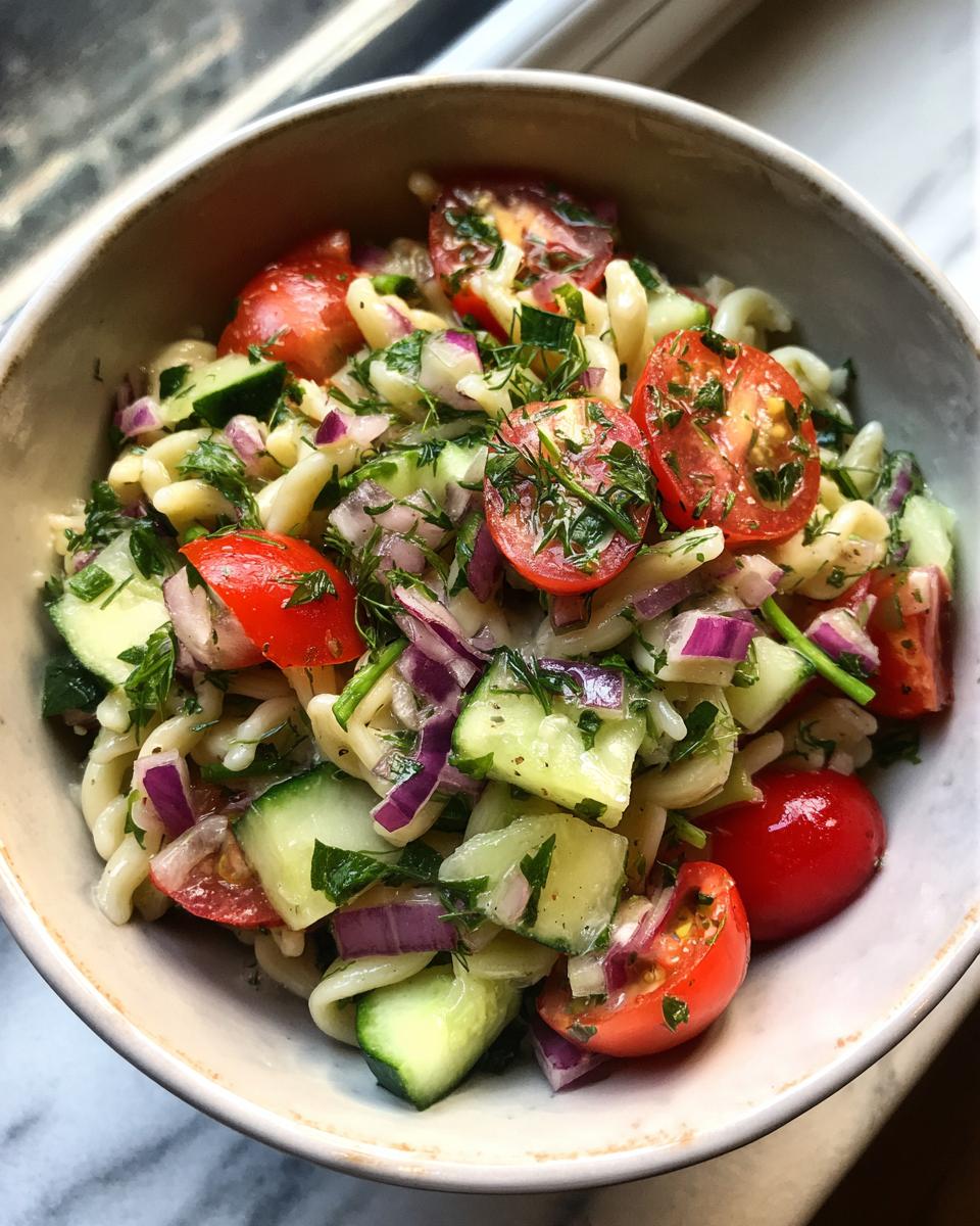 A bowl of vibrant Summer Salad Recipes pasta salad with cherry tomatoes, cucumber, red onion, and fresh herbs.