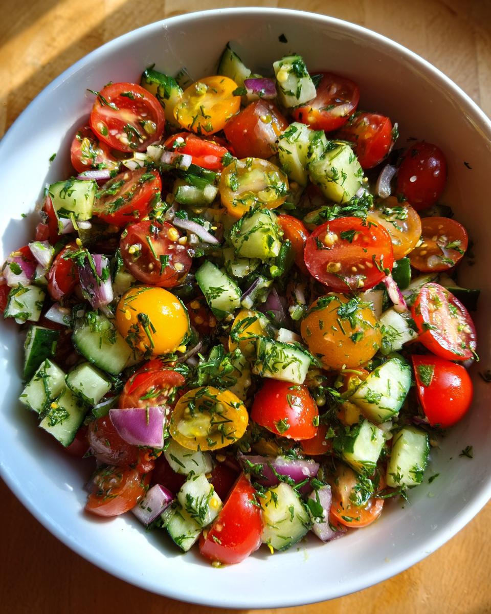 A vibrant bowl of Summer Salad Recipes: Bright Herb Pasta Salad with cherry tomatoes, cucumber, red onion, and fresh herbs.