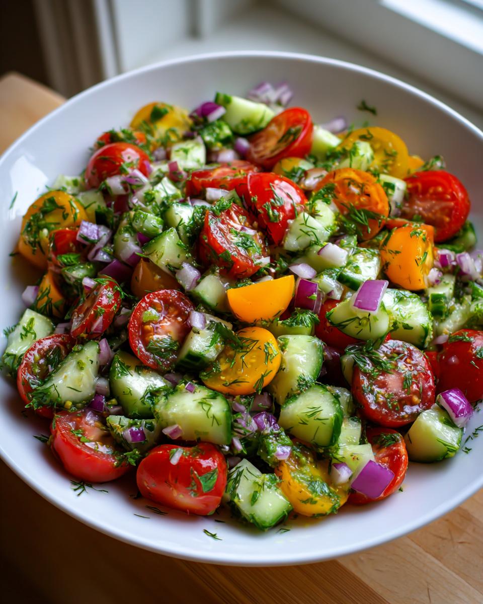A vibrant Summer Salad Recipe featuring a bright herb pasta salad with cherry tomatoes, cucumbers, and red onion.