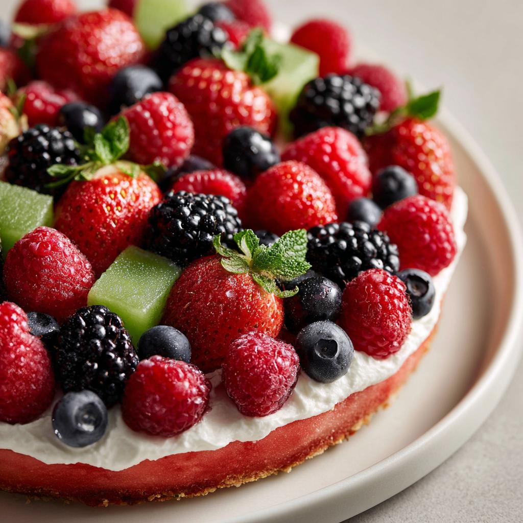 A vibrant Watermelon Berry Fruit Pizza topped with fresh strawberries, blueberries, blackberries, raspberries, and kiwi.