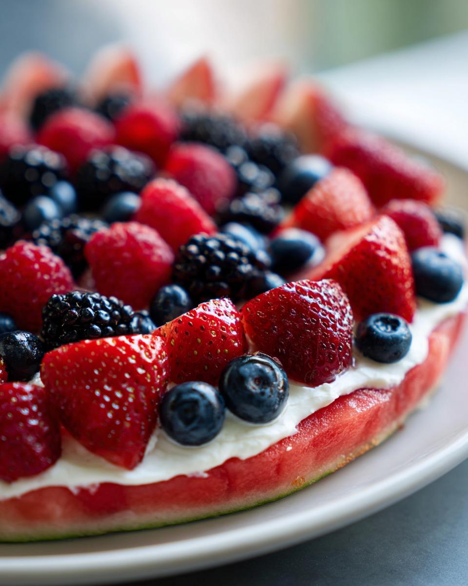 A slice of watermelon topped with cream cheese and fresh berries, a perfect summer dessert.