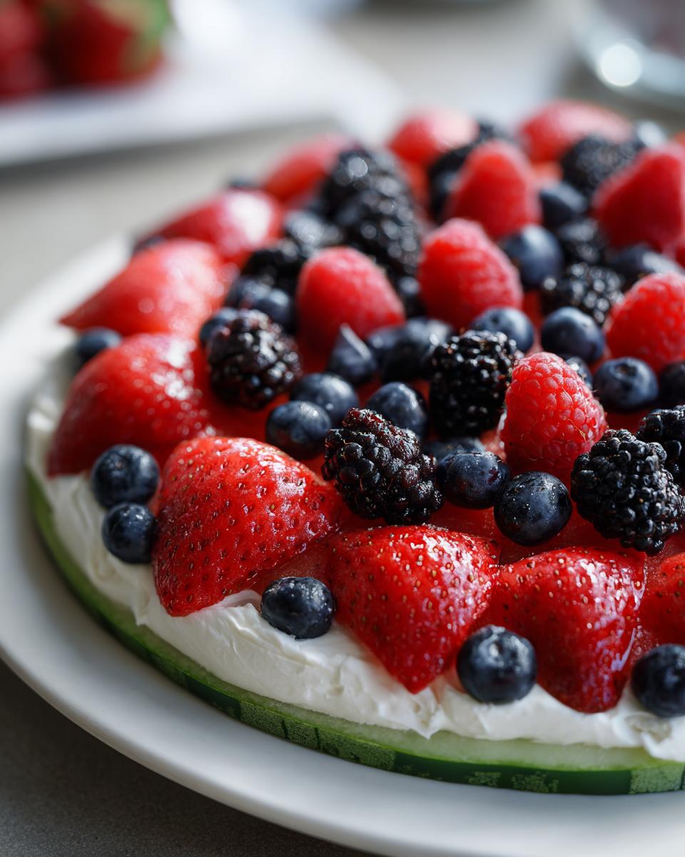 A refreshing Watermelon Berry Fruit Pizza topped with whipped cream and an assortment of fresh berries like strawberries, blueberries, raspberries, and blackberries.