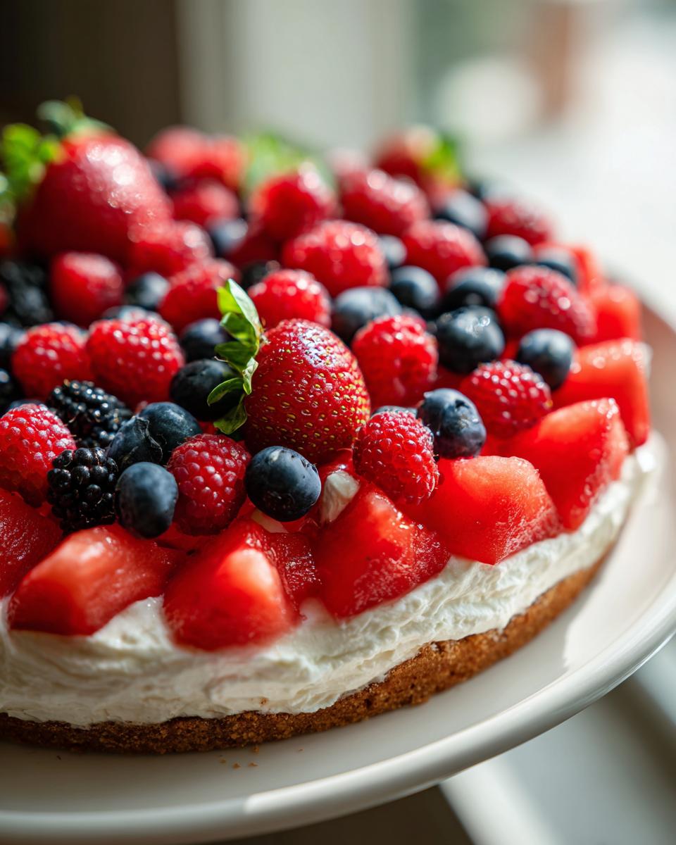 A close-up of a refreshing Watermelon Berry Fruit Pizza, topped with fresh strawberries, blueberries, raspberries, and blackberries.