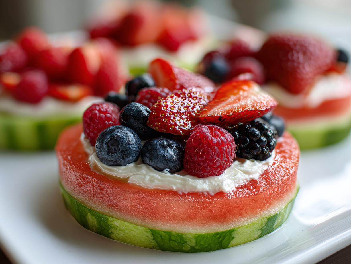 Close-up of a refreshing watermelon slice topped with cream and mixed berries, a perfect summer dessert.