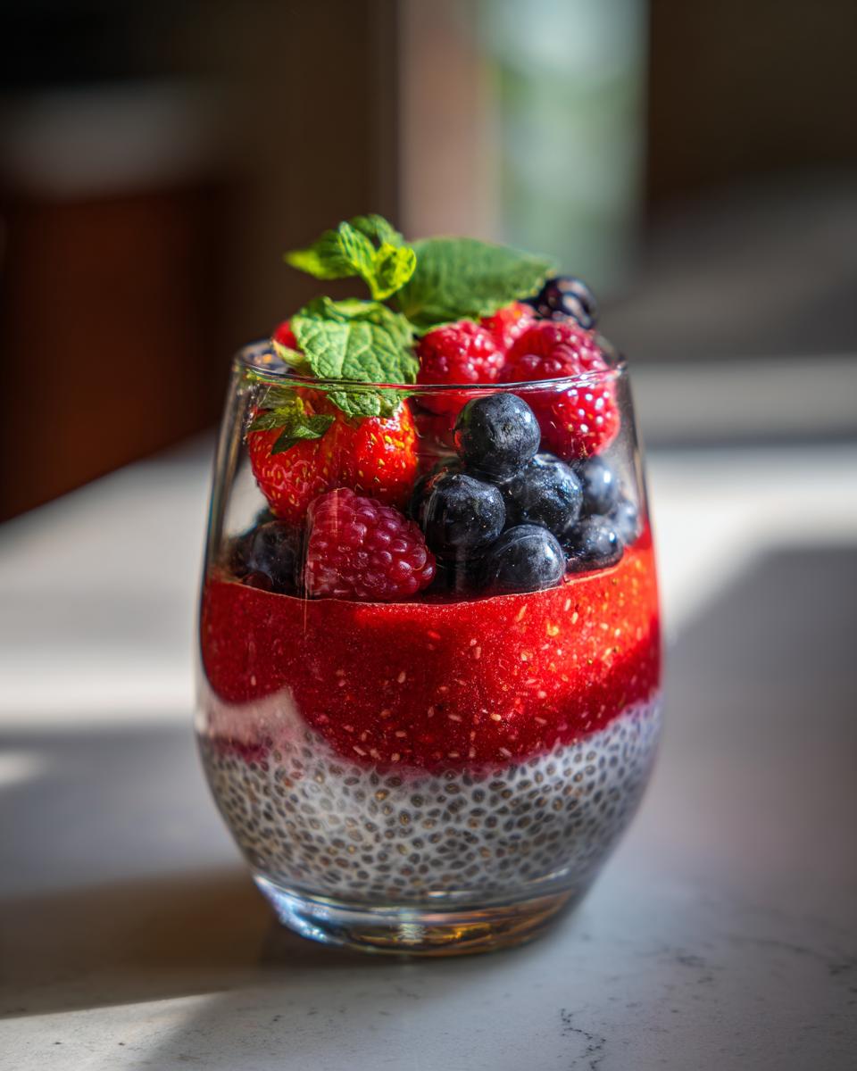 A refreshing watermelon chia parfait layered with fruit puree and topped with fresh berries and mint.