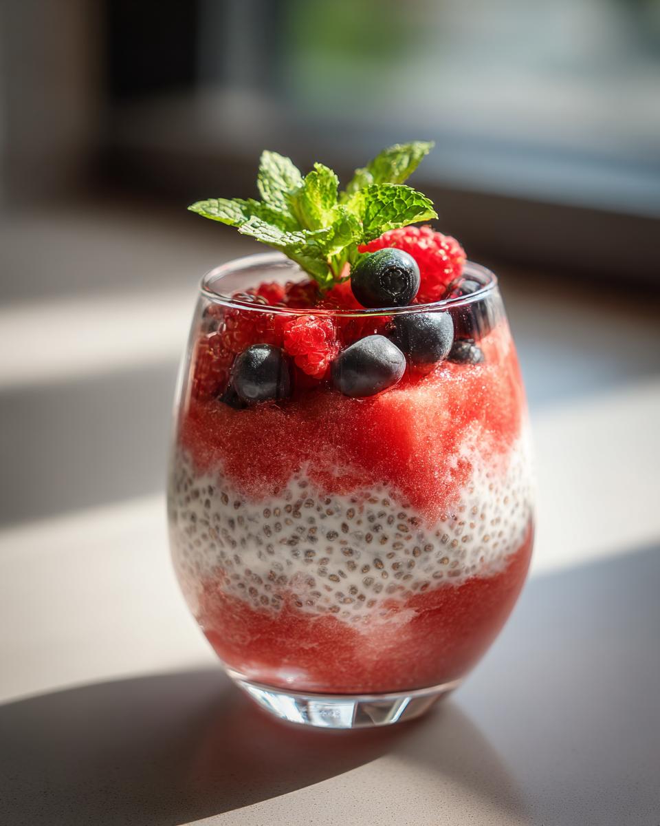 A refreshing watermelon recipe for chia parfaits, layered with chia pudding and topped with fresh berries and mint.