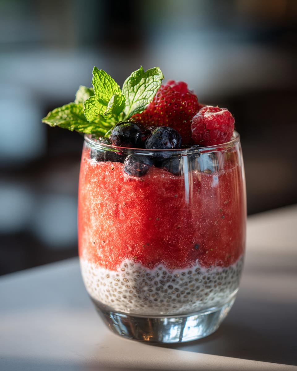 A refreshing watermelon recipe for chia parfaits, layered with chia pudding and topped with fresh berries and mint.