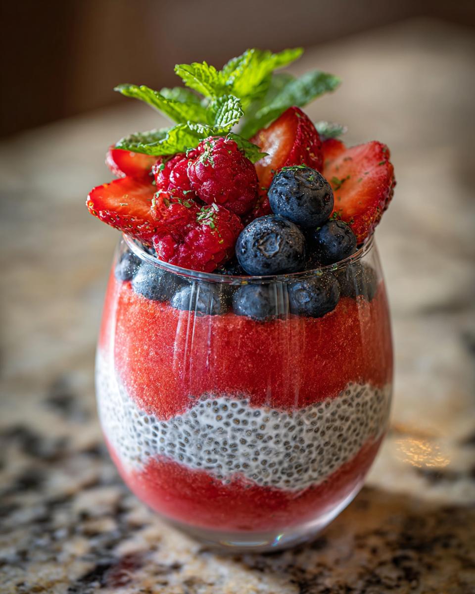 A refreshing watermelon chia parfait layered with fruit and topped with fresh berries and mint.