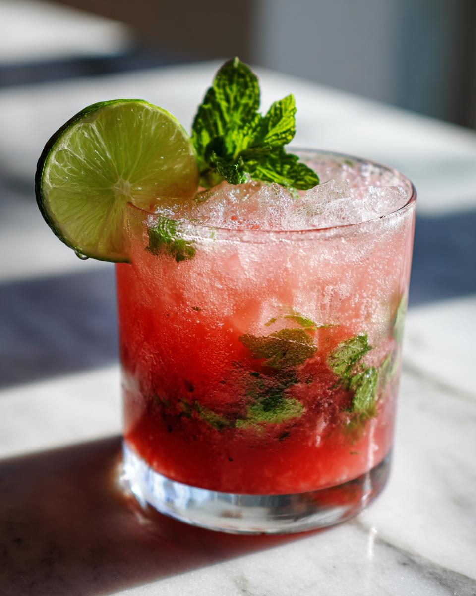 A close-up of a glass filled with Watermelon Cucumber Agua Fresca, garnished with lime and mint.