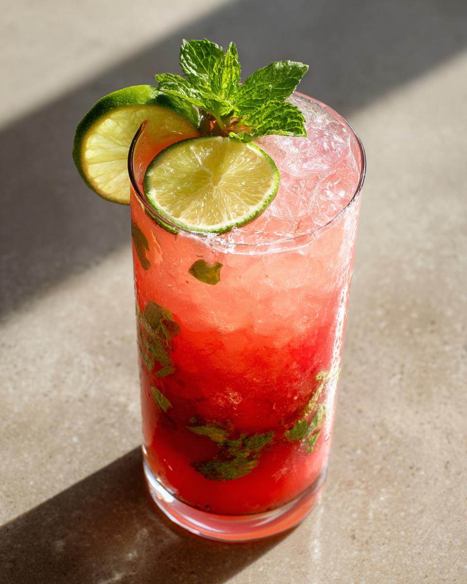 A tall glass of Watermelon Cucumber Agua Fresca, filled with ice, mint, and lime slices.