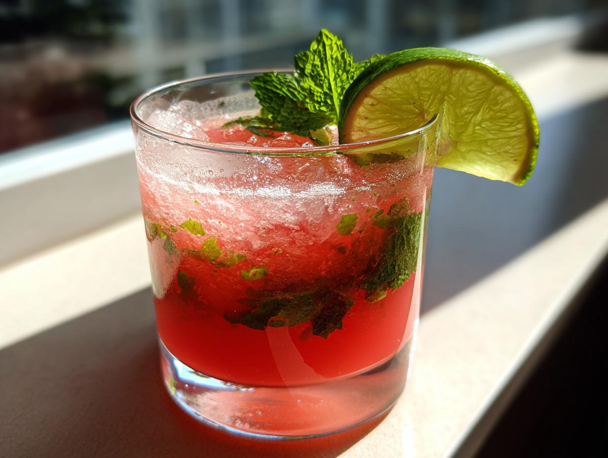 A refreshing glass of Watermelon Cucumber Agua Fresca, garnished with mint and a lime slice, perfect for backyard parties.