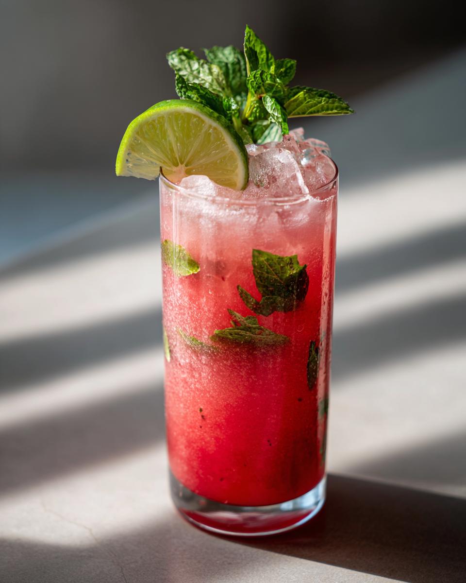 A tall glass of Watermelon Cucumber Agua Fresca, filled with ice, mint, and a lime wedge garnish.
