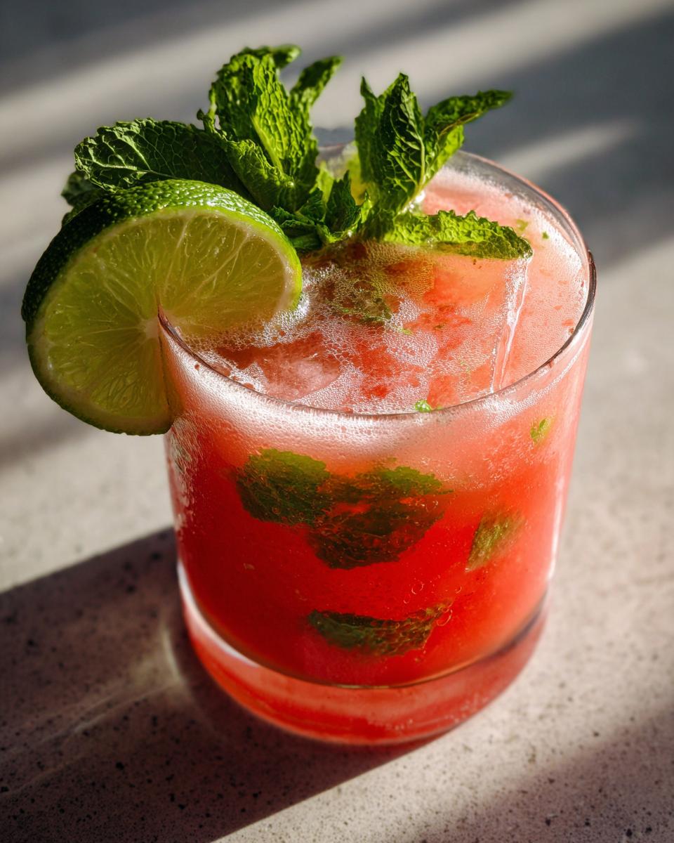 A close-up of a glass filled with Watermelon Cucumber Agua Fresca, garnished with a lime wedge and fresh mint leaves.