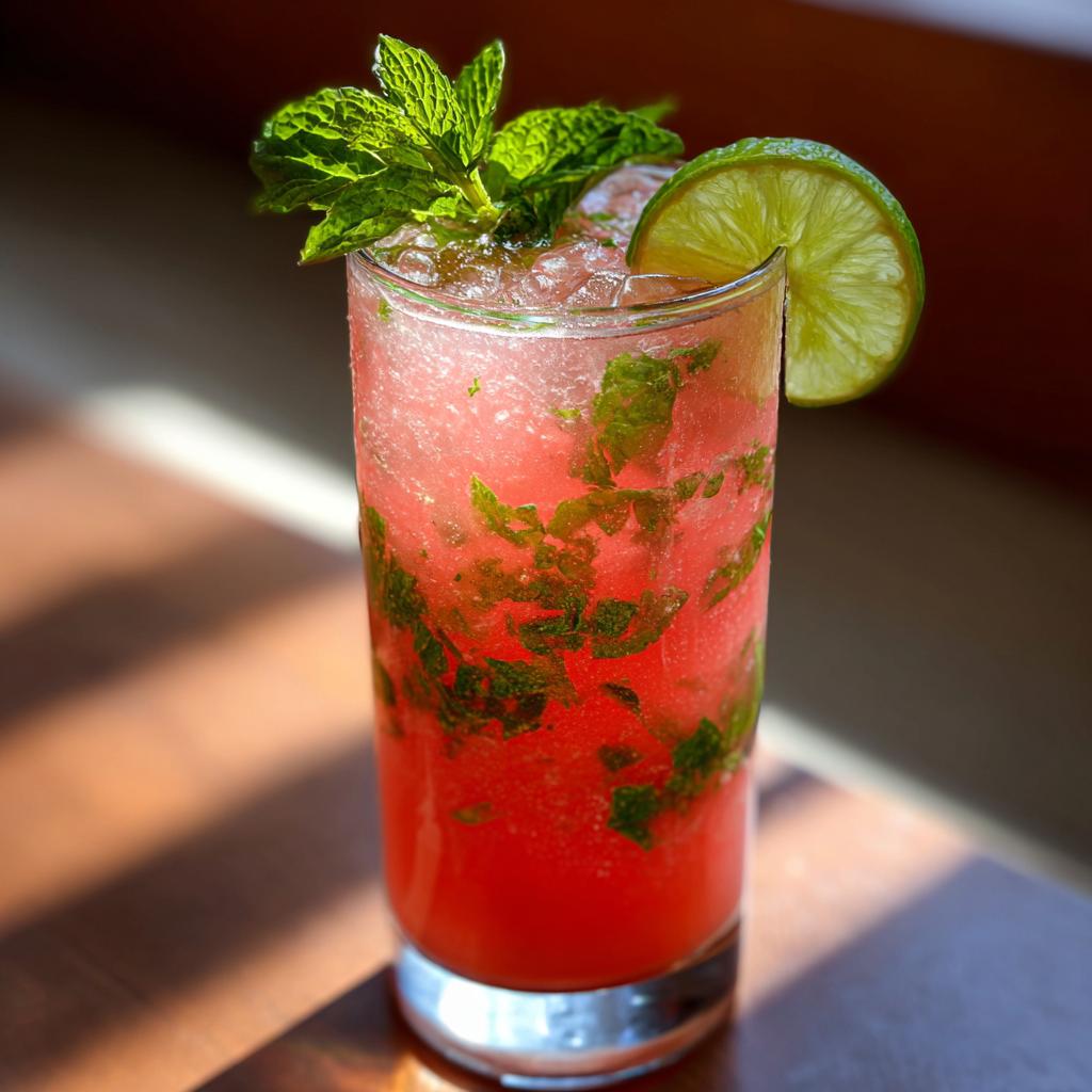 A tall glass of Watermelon Cucumber Agua Fresca, filled with crushed ice, watermelon, mint, and garnished with a lime slice and mint sprig.