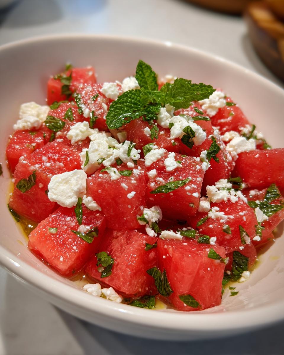 Close-up of a refreshing watermelon salad with feta cheese and mint, perfect for summer.