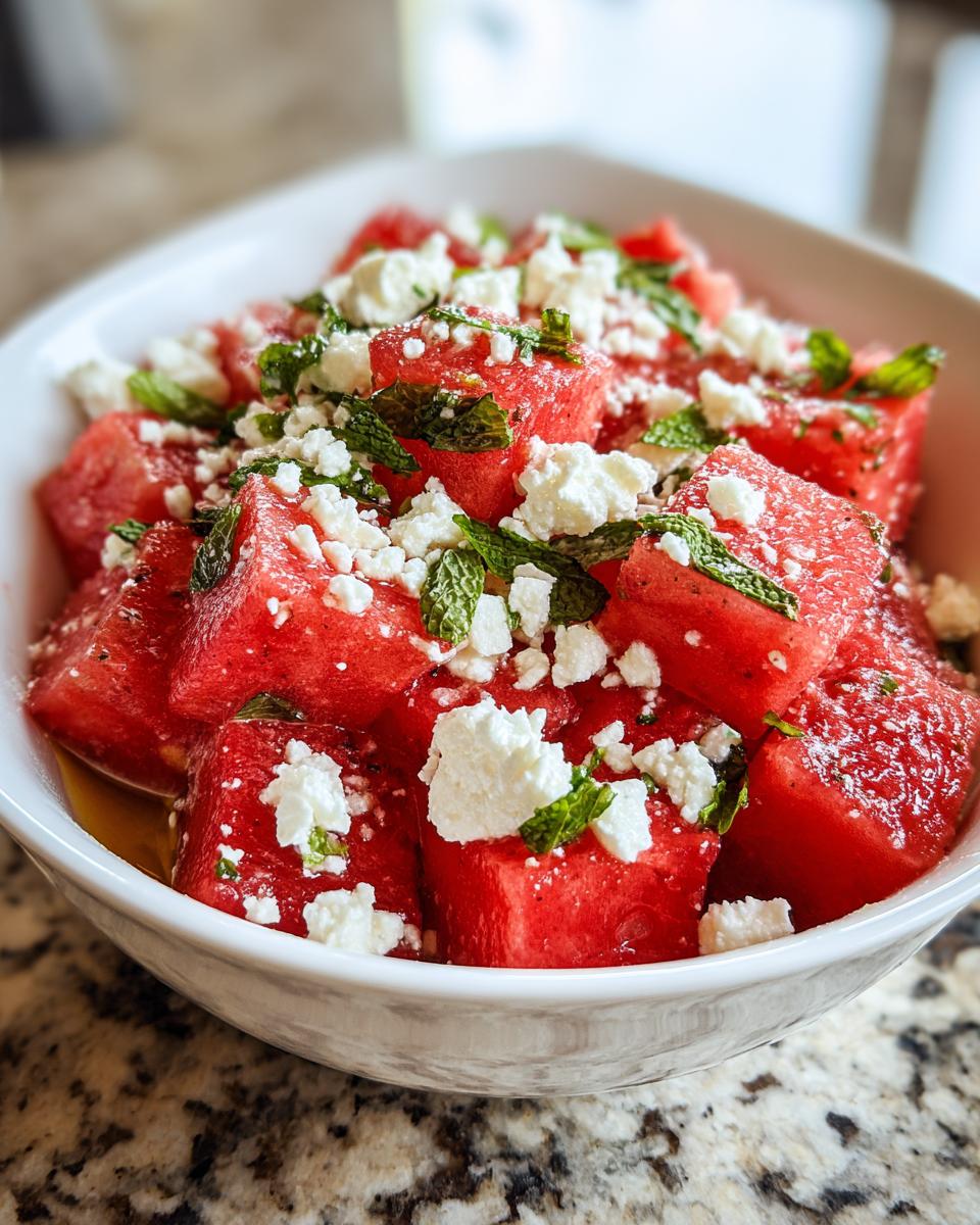 Close-up of a white bowl filled with cubed watermelon, crumbled feta cheese, and fresh mint leaves, a perfect watermelon recipe.