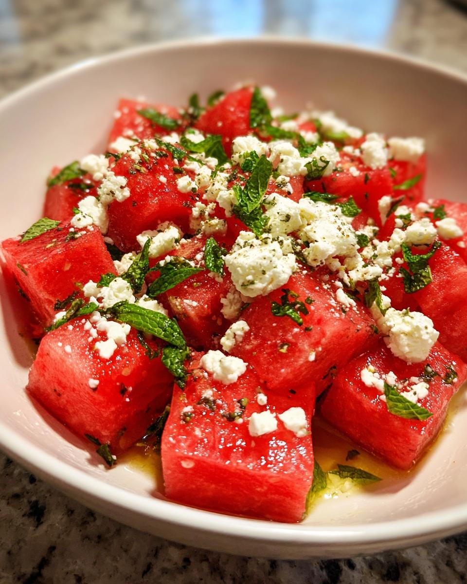 Close-up of a refreshing watermelon recipe with feta cheese and mint leaves, perfect for summer days.
