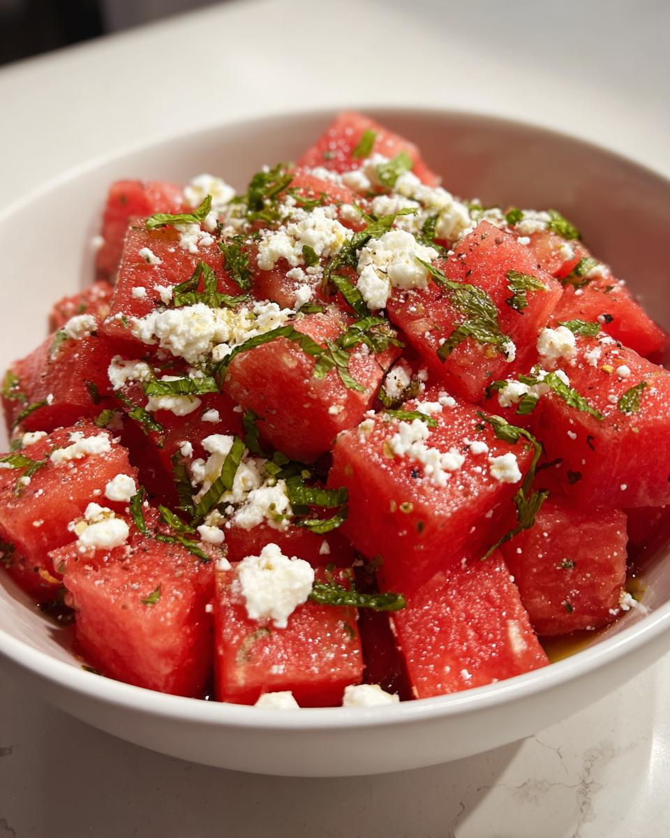 A refreshing bowl of watermelon recipes with feta and mint salad, perfect for hot summer days.