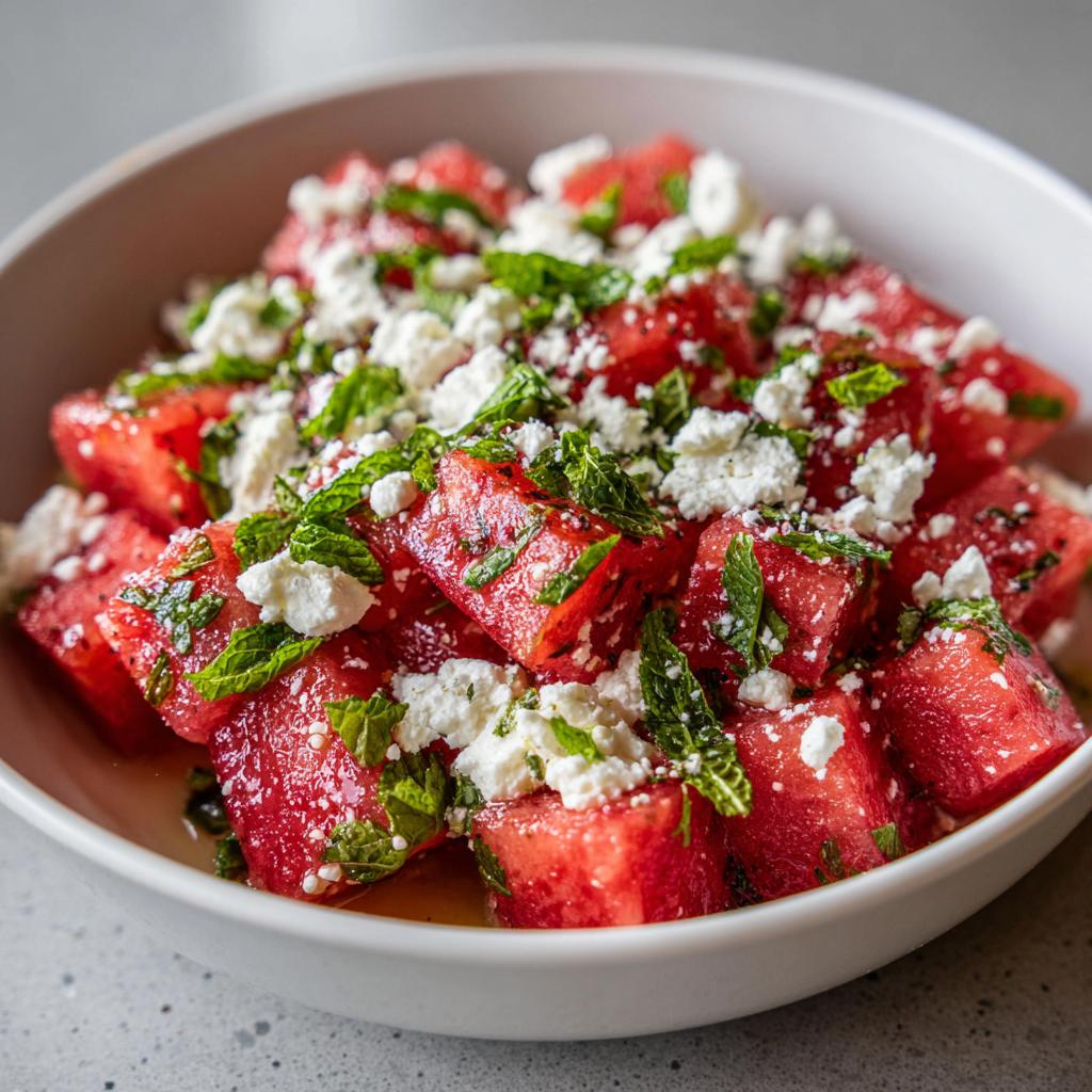 Close-up of a refreshing watermelon salad with feta cheese and fresh mint leaves, perfect for hot summer days.