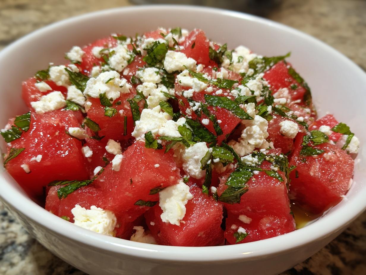Close-up of a white bowl filled with cubed watermelon, crumbled feta cheese, and chopped mint, a refreshing watermelon recipe.
