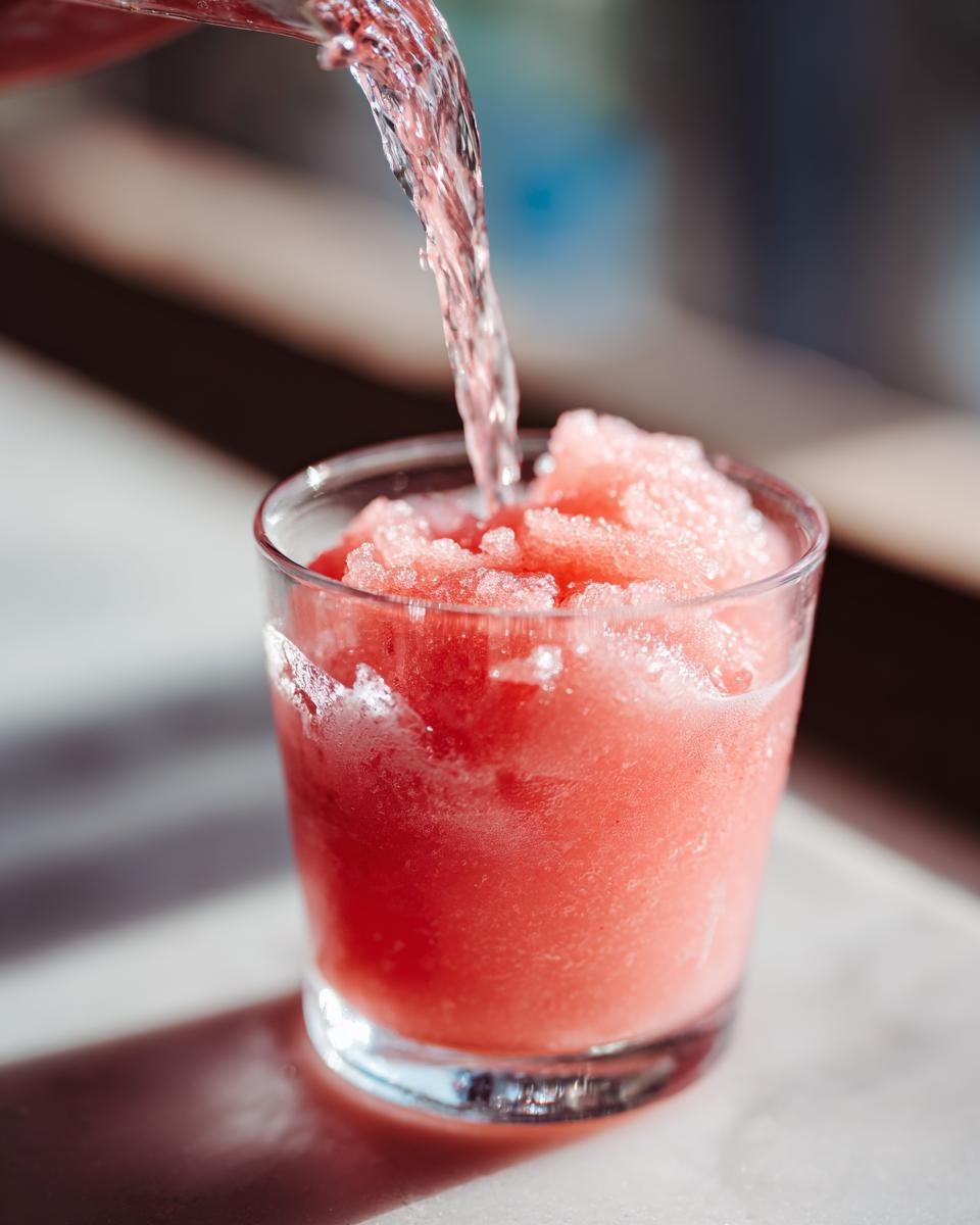 Pouring liquid into a glass filled with frozen watermelon lemonade, perfect for poolside sipping.