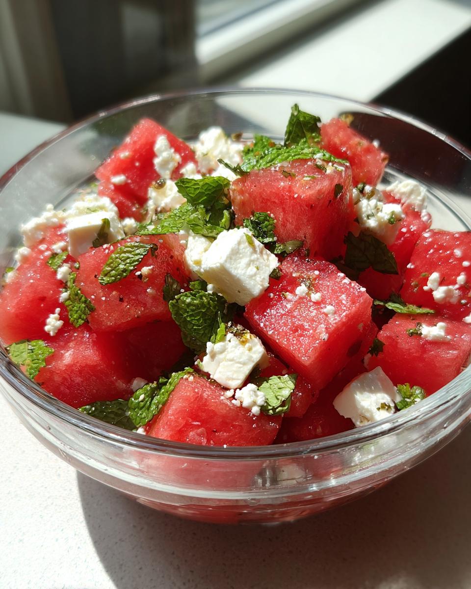 A refreshing bowl of watermelon, mint, and feta cheese, perfect for summer salad recipes.