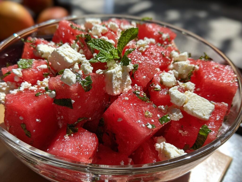 Close-up of a refreshing summer salad with cubed watermelon, crumbled feta cheese, and fresh mint.