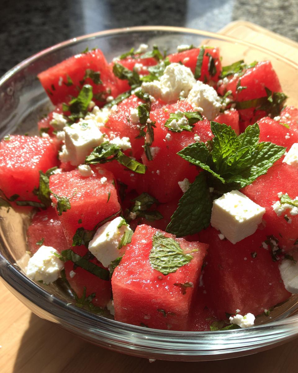 Close-up of a refreshing summer salad with cubed watermelon, crumbled feta cheese, and fresh mint leaves.