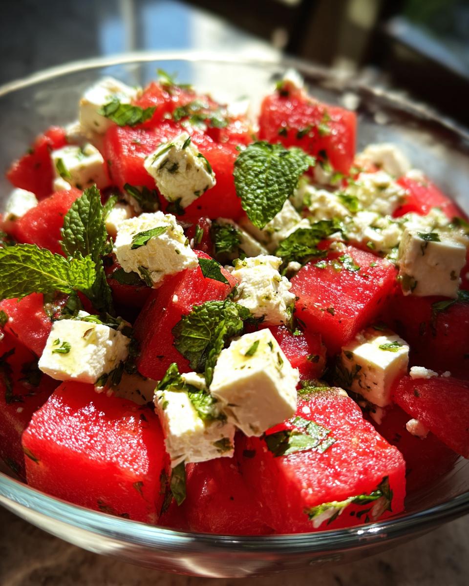 Close-up of a vibrant Summer Salad with Watermelon, Mint, and Salty Feta cubes.