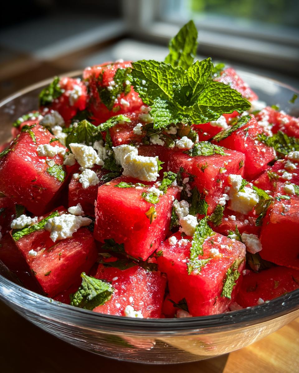 Close-up of a refreshing summer salad with cubed watermelon, crumbled feta cheese, and fresh mint leaves.