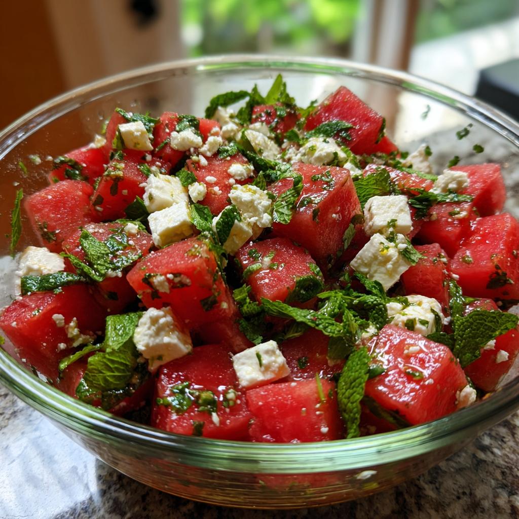 Close-up of a refreshing Summer Salad Recipe with Watermelon, Mint, and Salty Feta cheese in a glass bowl.
