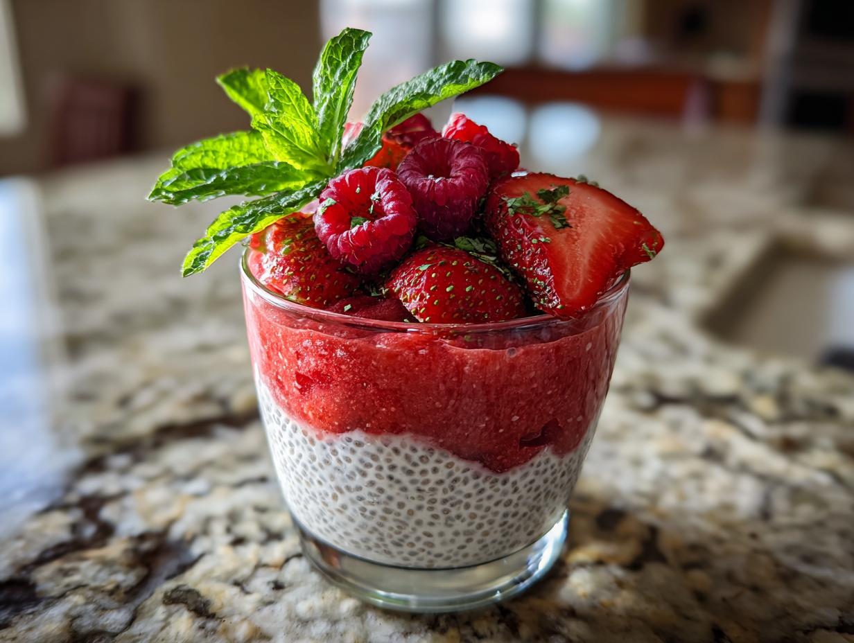 A refreshing watermelon recipe chia parfait layered with chia pudding and topped with fresh strawberries, raspberries, and mint.