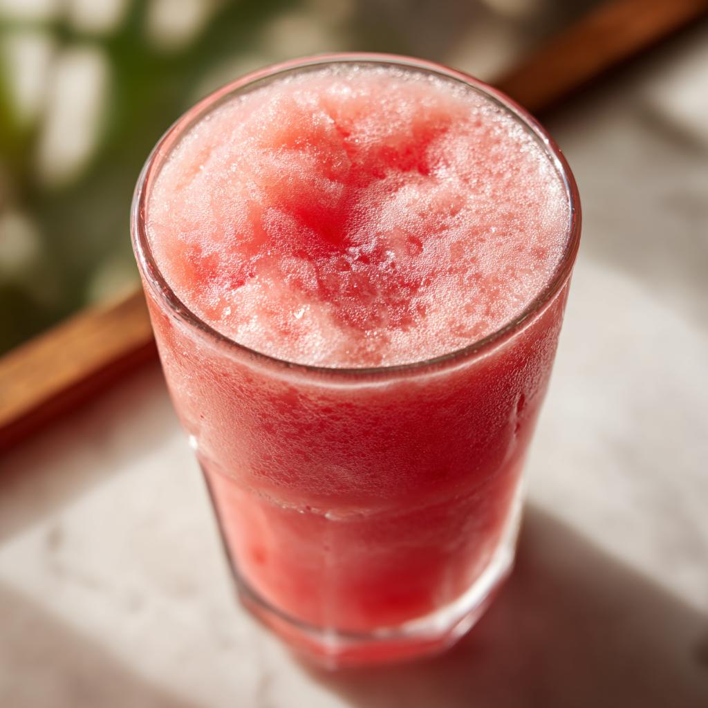 A tall glass filled with a frosty, pink watermelon drink, perfect for poolside sipping.