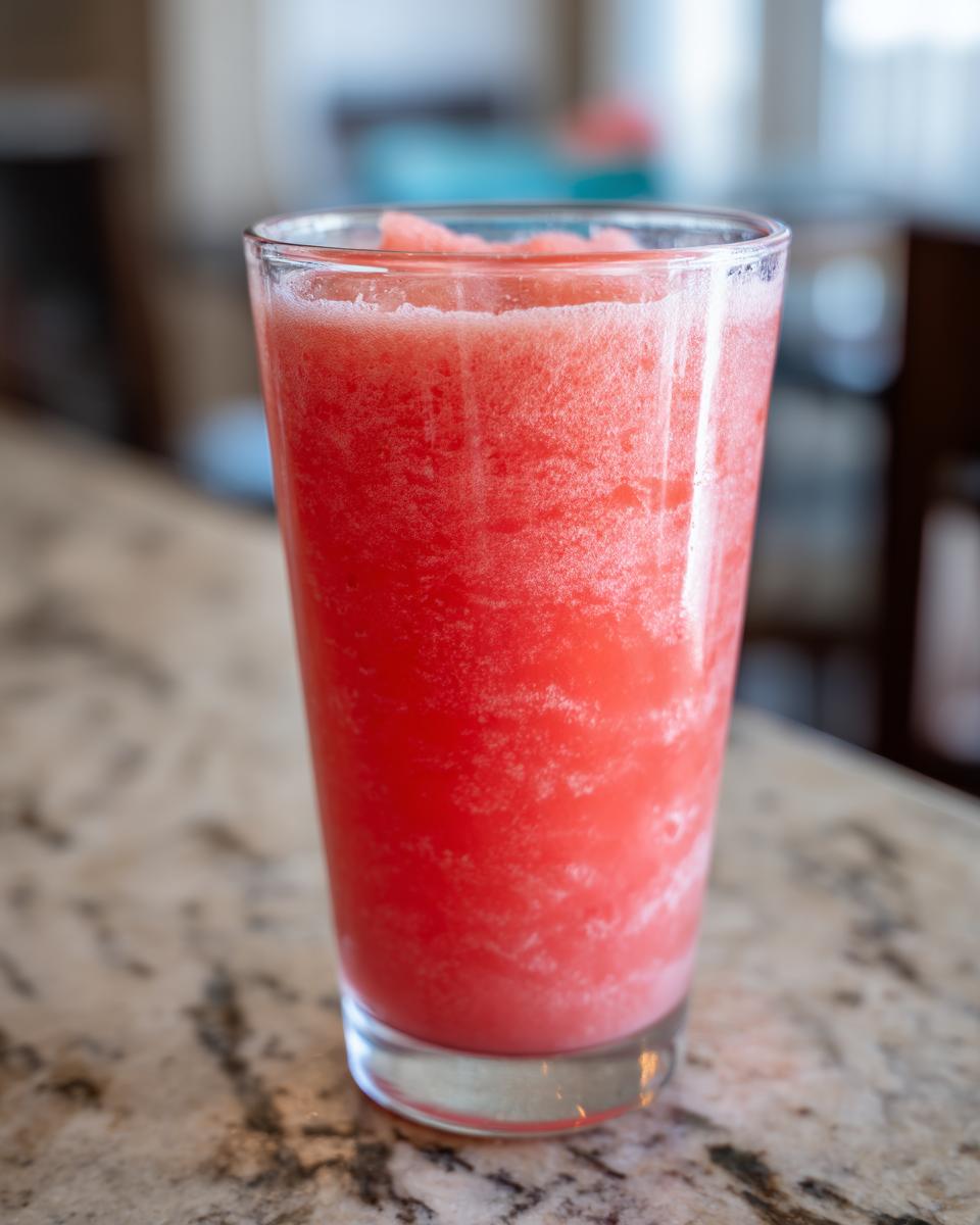A tall glass filled with a frosty watermelon and frozen lemonade slushy, perfect for poolside sipping.