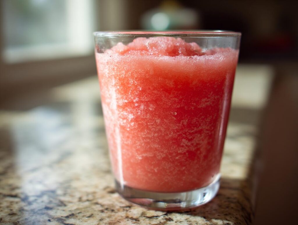 A close-up of a frosty glass filled with a vibrant pink watermelon slushy, perfect for poolside sipping.