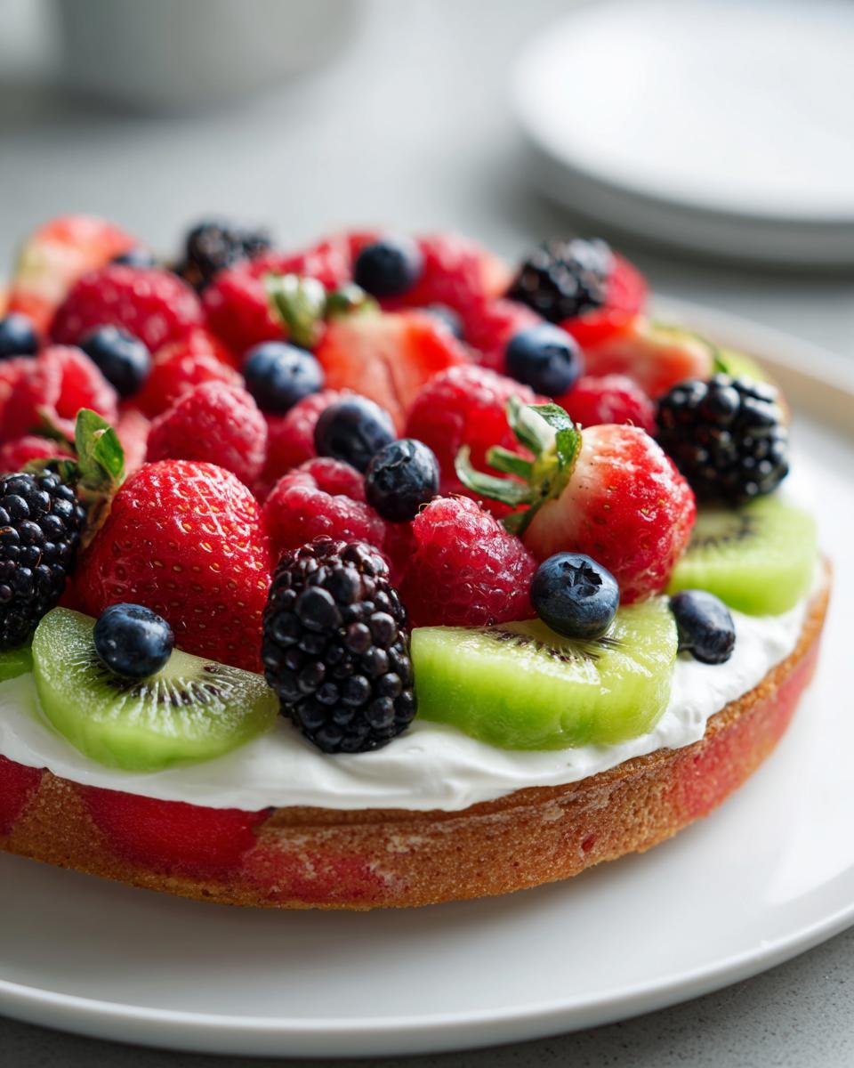 A vibrant Watermelon Recipes With Berry Fruit Pizza topped with fresh strawberries, blueberries, raspberries, blackberries, and kiwi slices.