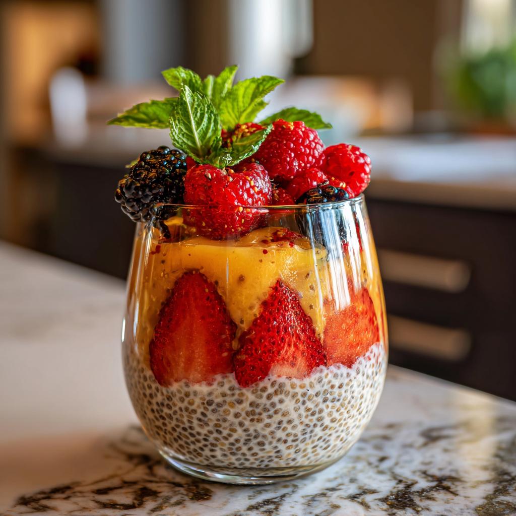 A vibrant chia parfait layered with watermelon, mango, strawberries, and topped with fresh berries and mint.