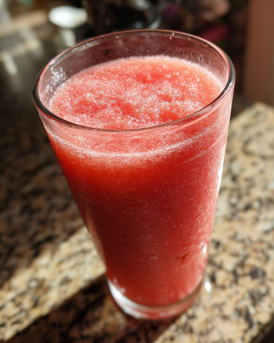 A refreshing glass of watermelon drink made with frozen lemonade, perfect for poolside sipping.