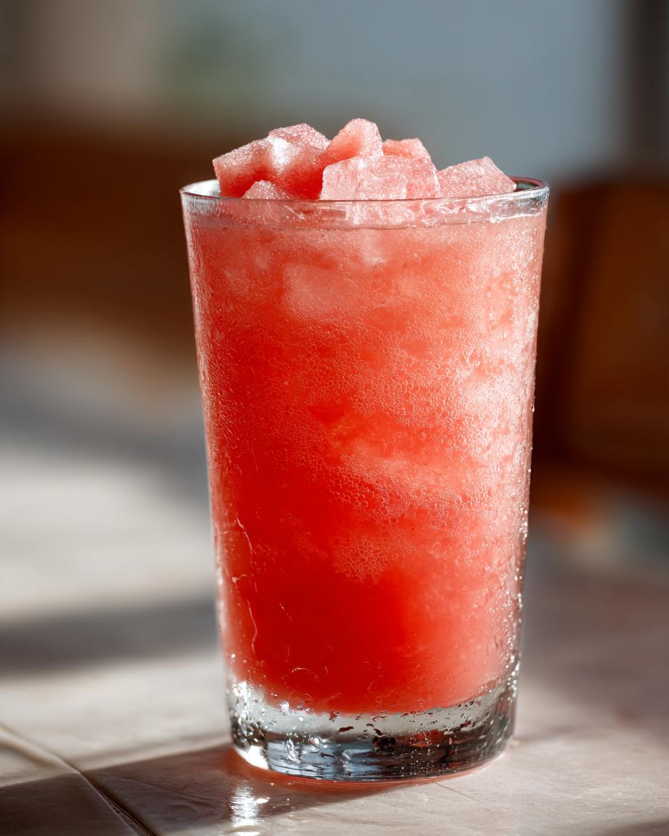 A tall glass filled with a frosty watermelon slushy drink, topped with fresh watermelon cubes.