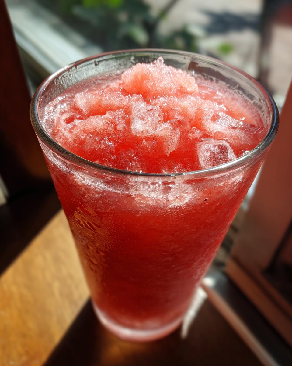 A close-up of a tall glass filled with a vibrant red watermelon slushy drink, topped with crushed ice.