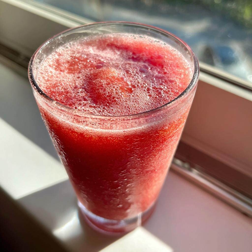 Close-up of a tall glass filled with a vibrant red watermelon slushy drink, topped with foam.