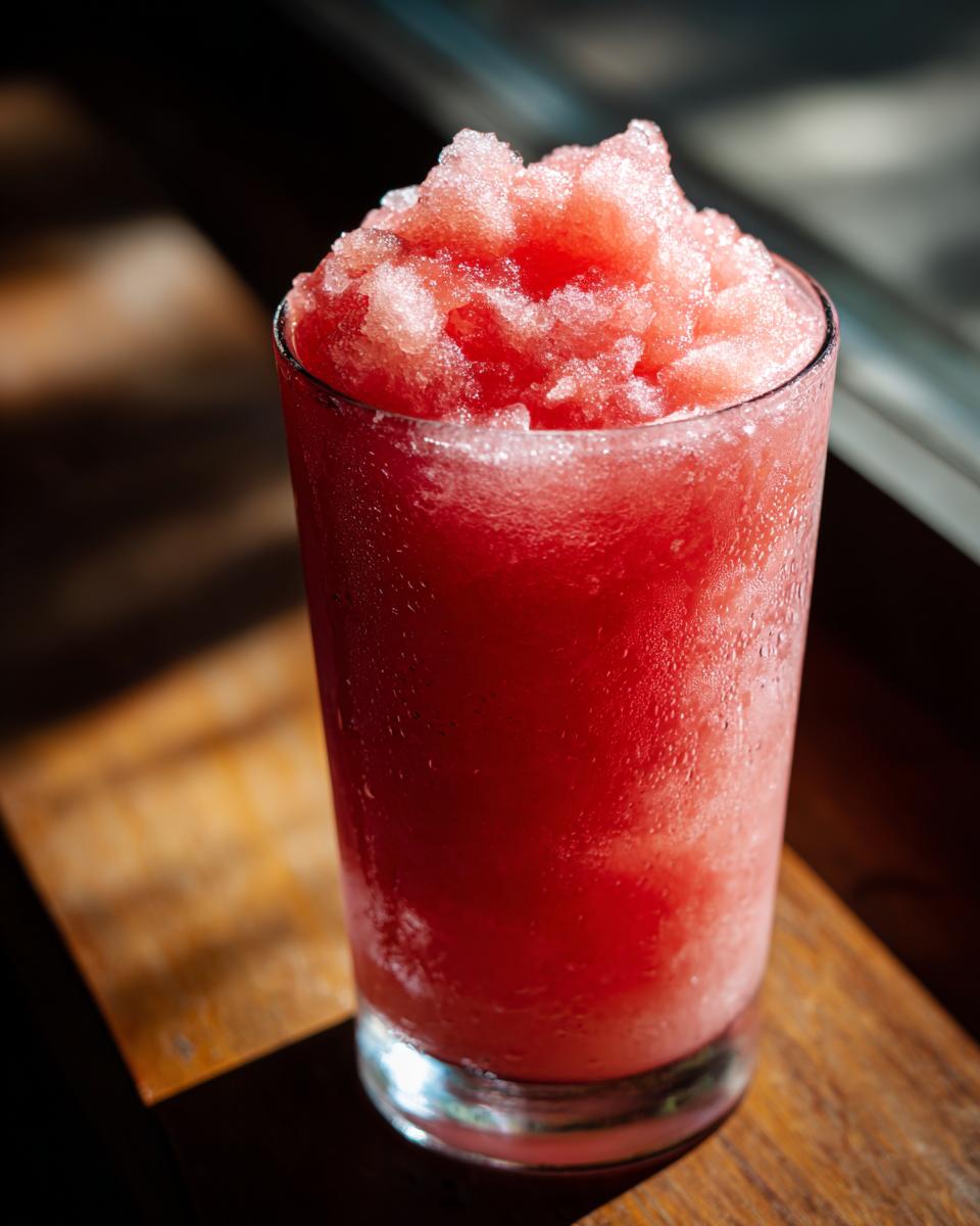 A tall glass filled with a frosty, vibrant red watermelon slushy drink, perfect for summer.