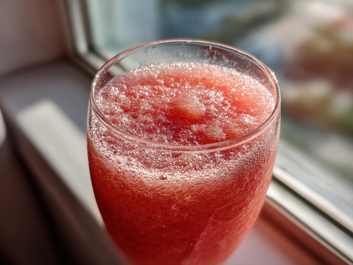 Close-up of a frosty watermelon slushy drink in a glass, perfect for a hot day.
