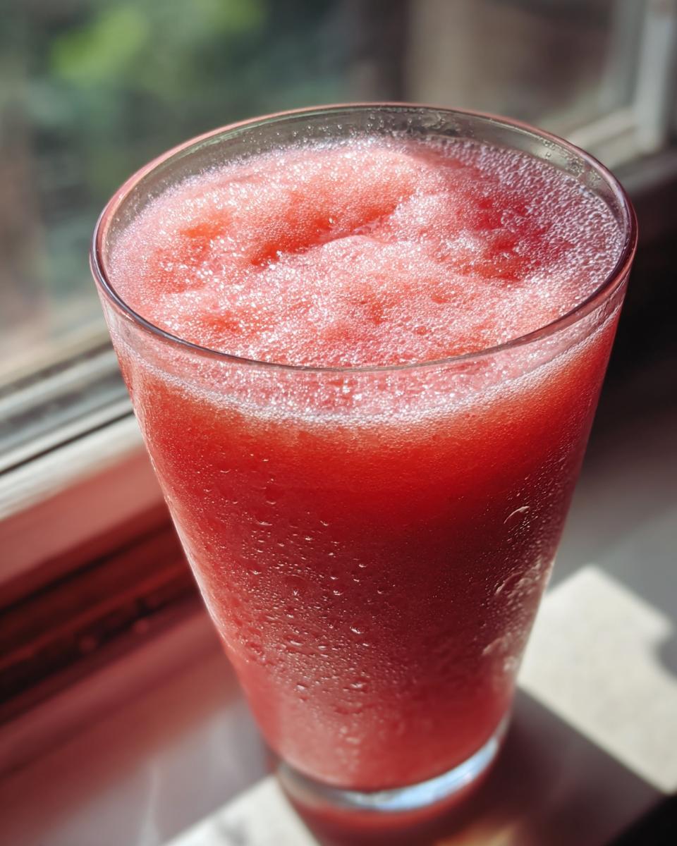 A tall glass filled with a frosty watermelon slushy drink, condensation on the glass.