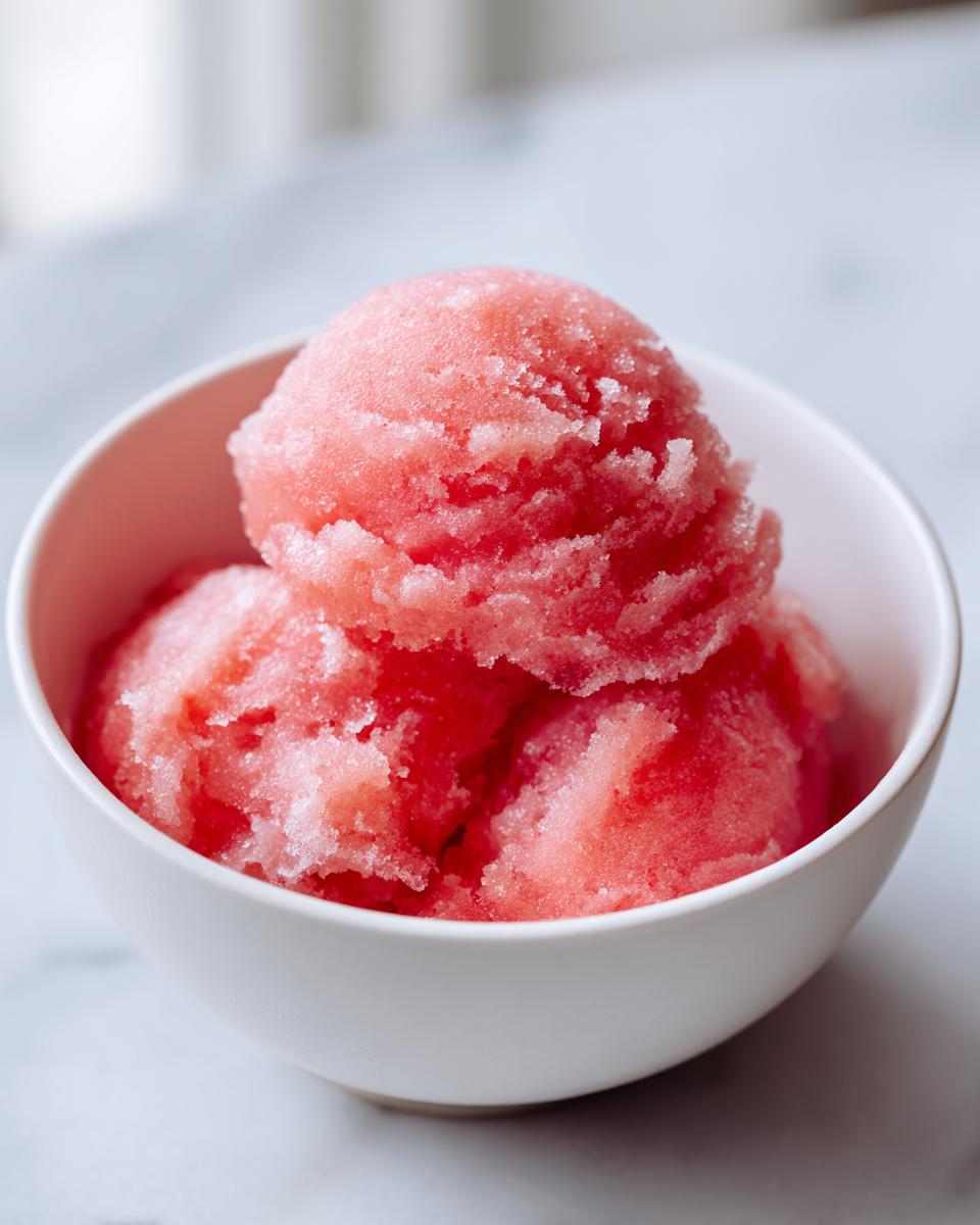 A white bowl filled with three scoops of vibrant pink watermelon sorbet.