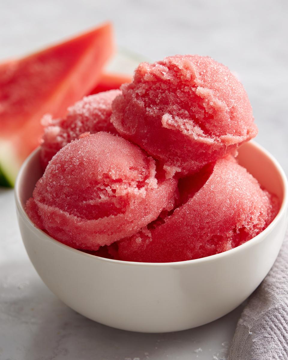 A bowl of refreshing watermelon sorbet, made with only a few ingredients, served with watermelon slices in the background.