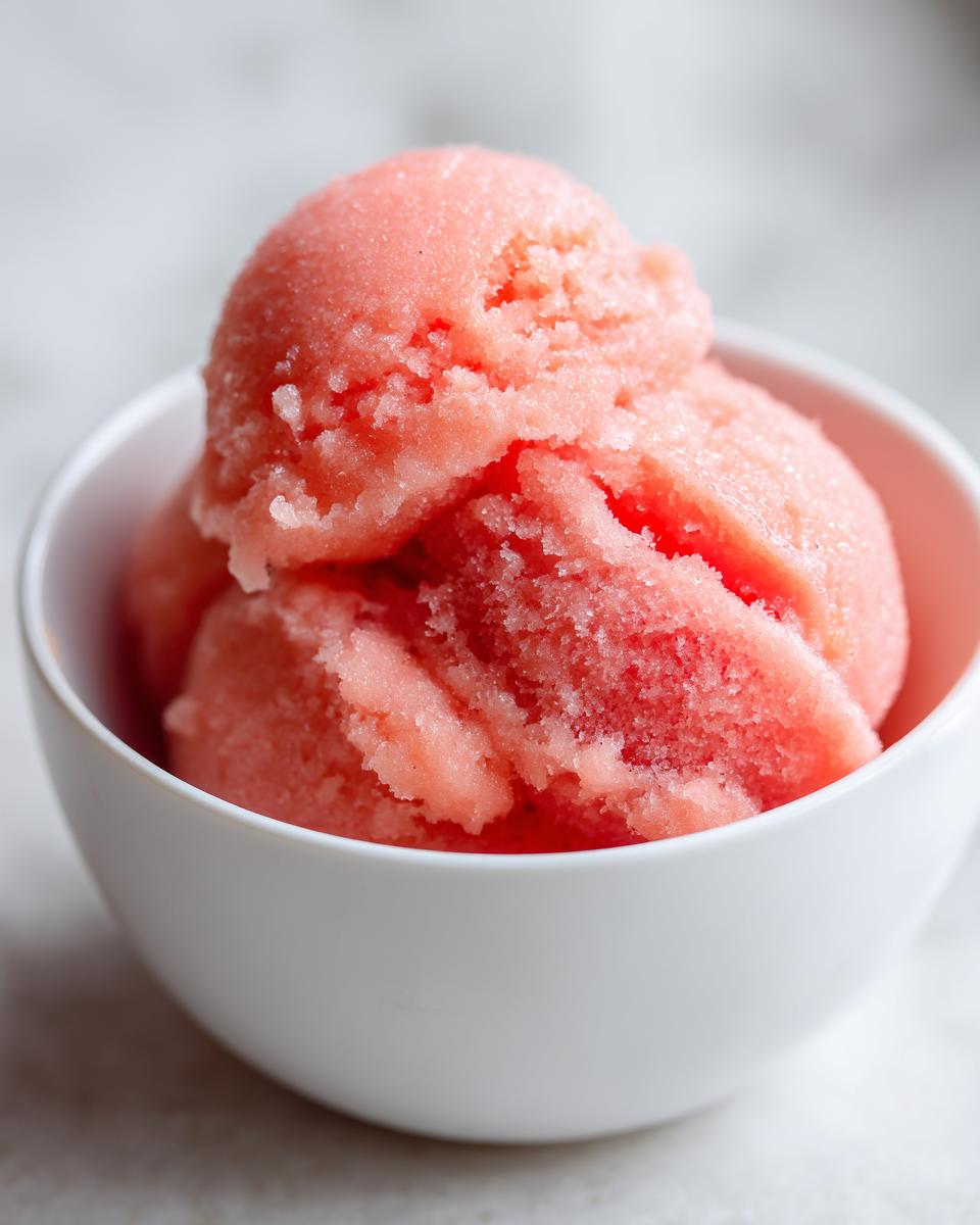 A white bowl filled with scoops of vibrant pink watermelon sorbet, showcasing its icy texture.